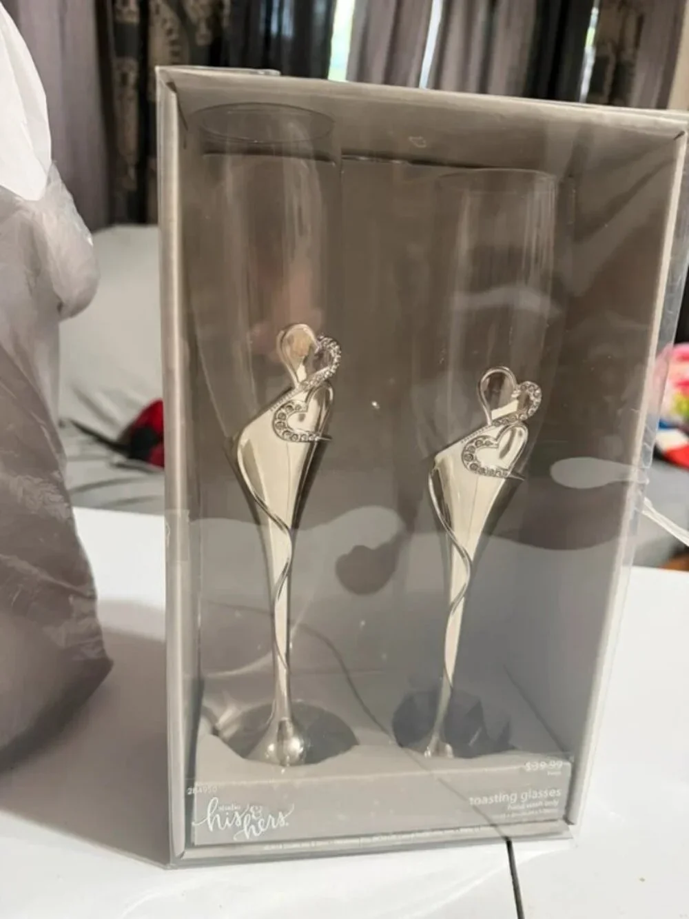 his & hers Elegant Silver Toasting Glasses Set with Heart Accents